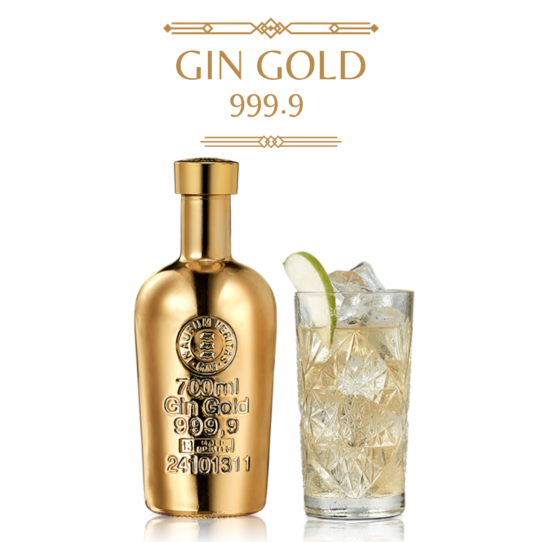 A bottle of Gin Gold and a glass with gin tonic
